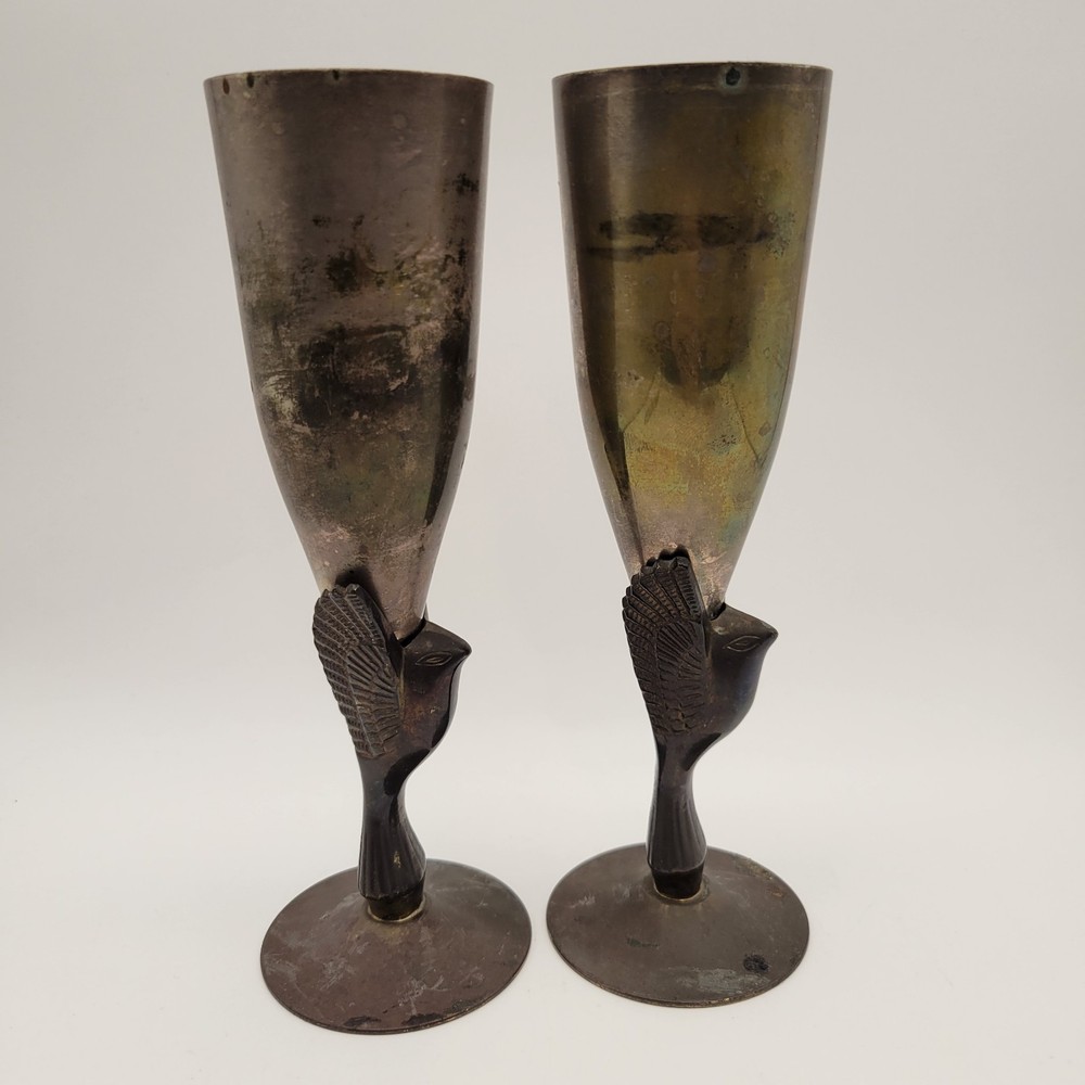 2 GODINGER Egyptian Revival Heavy Silver Plated & Brass Flute Goblets India EPNS