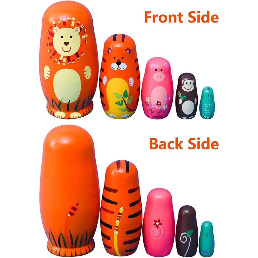 5 Pcs Cute Nesting Dolls Handmade Wooden Different Pattern Animals Pattern Toys