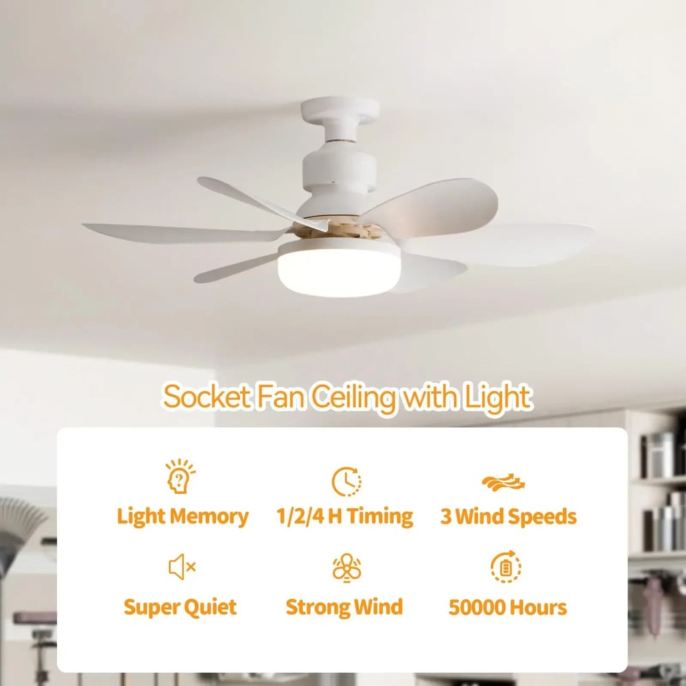 Socket Ceiling Fans with Lights and Remote- Socket Fan light with Dimmable Led