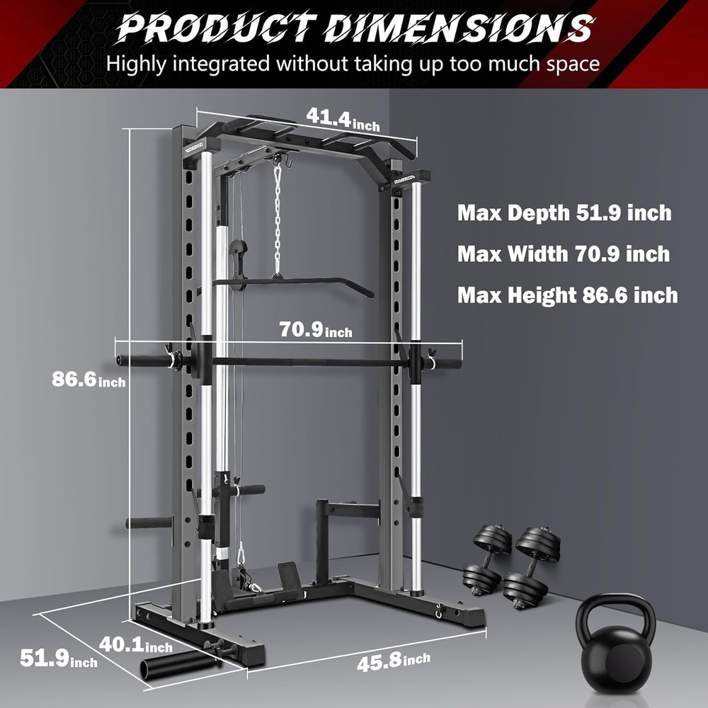 Smith Machine Multifunctional Power Cage Rack with Barbell Bar and Cable Machine