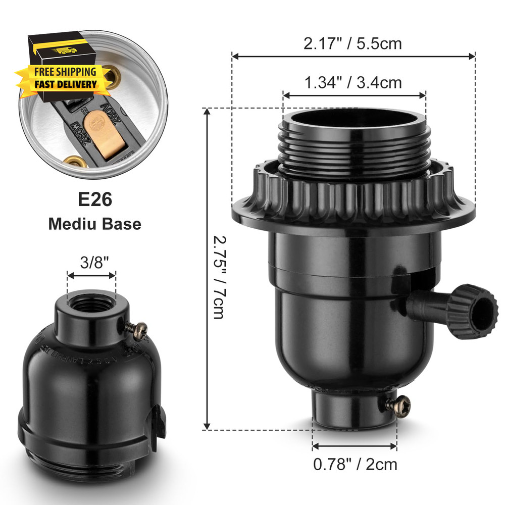 3 Way Light Socket with Lamp Shade Ring, E26 Lamp Socket Replacement with Switch