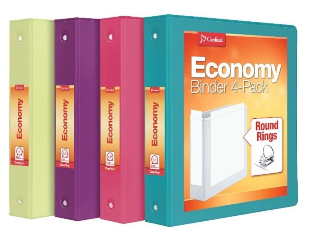 Cardinal 3 Ring Binders Assorted Bright Colors, 4 Pack 1.5 Inch Round Ring