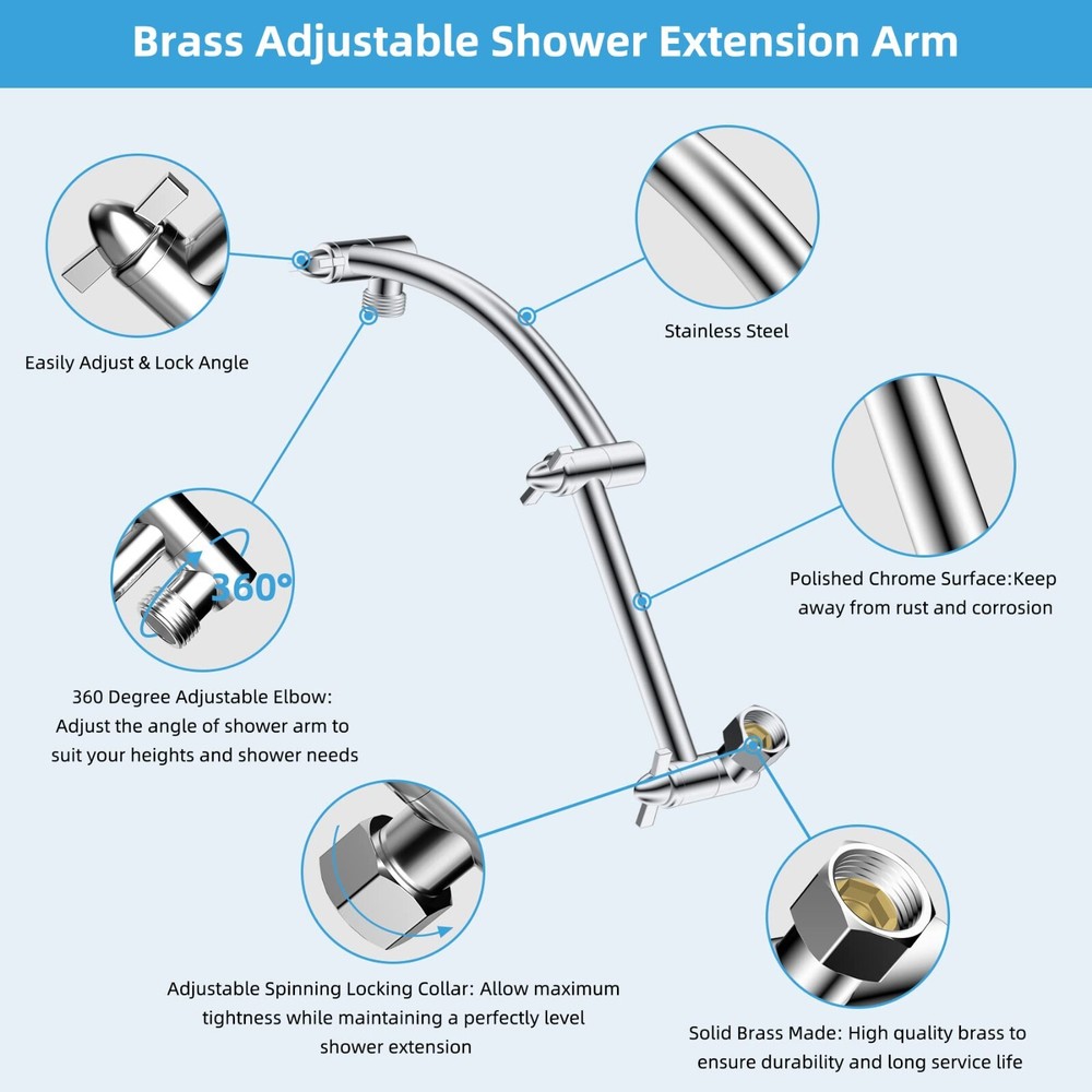 All Metal 16'' Shower Head Extension Arm Solid Brass Angle Adjustable Shower Arm