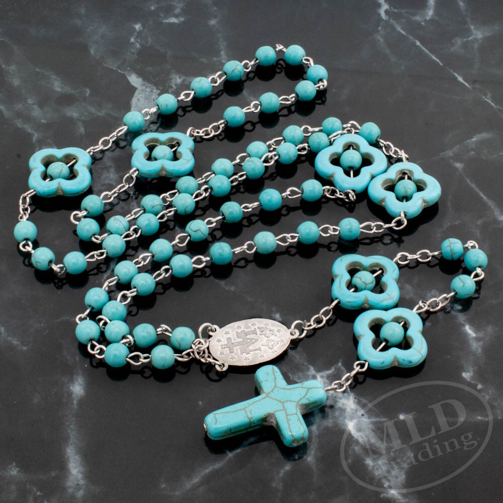 Turquoise Stone Bead Catholic Flower Rosary Necklace - 22" 7" Drop, Silver Chain
