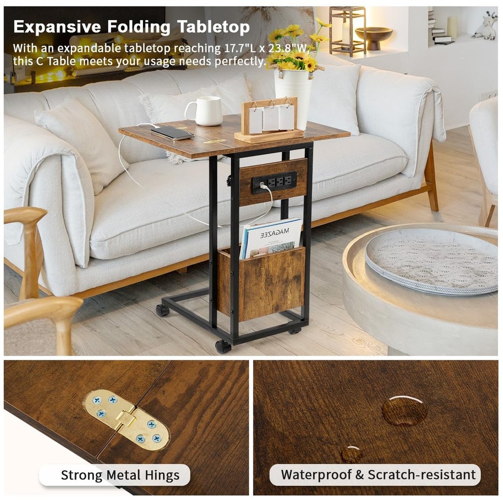 Hadulcet C Shaped End Table with Charging Station & Foldable Tabletop, Foldin...