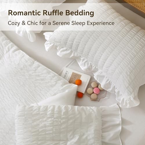 Comforter Set, 3 Pieces Seersucker Comforters Size, Lightweight & King White