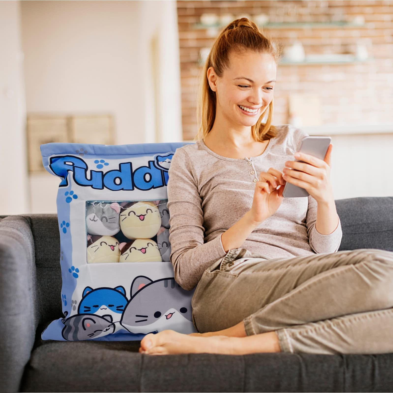 Nenalayo Cute Kitty Cat Snack Pillow Pudding 8 Piece Assortment, Blue Kitten