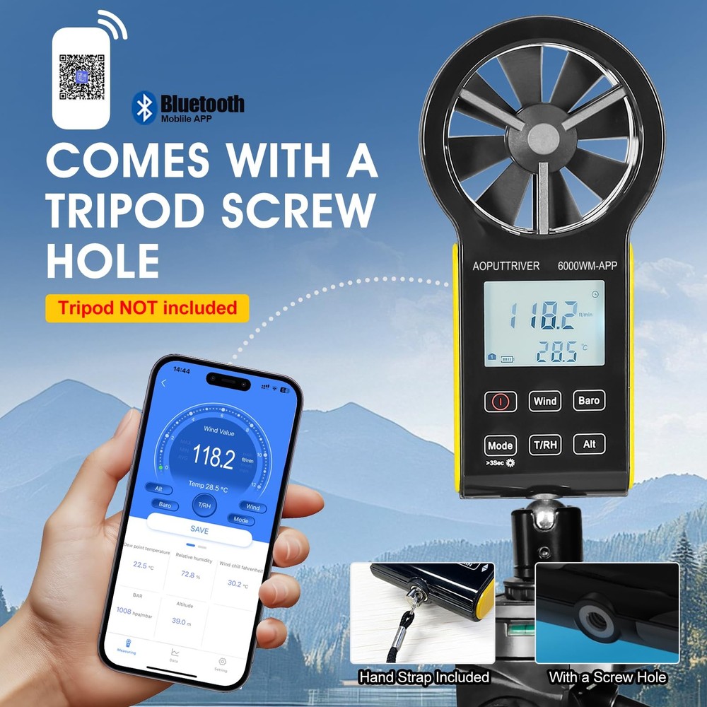 6000WMAPP Handheld Anemometer Digital Anemometer, CFM Anemometer with Temper...