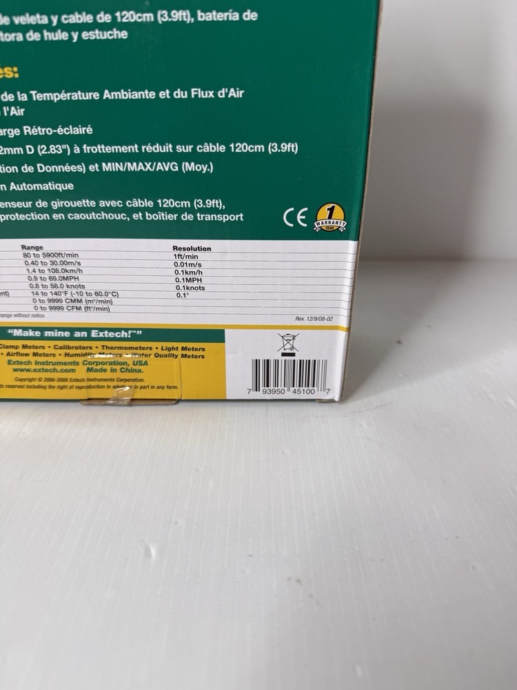 Extech AN100 CFM/CMM Thermo-Anemometer New in Box
