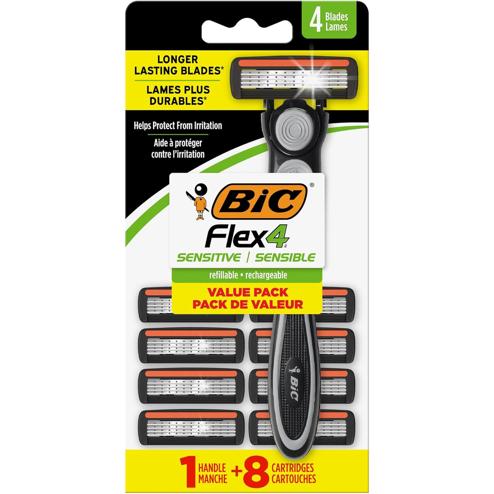 BIC Flex 4 Refillable Razors for Men, Long-Lasting 4 Blade Razors for Sensitive