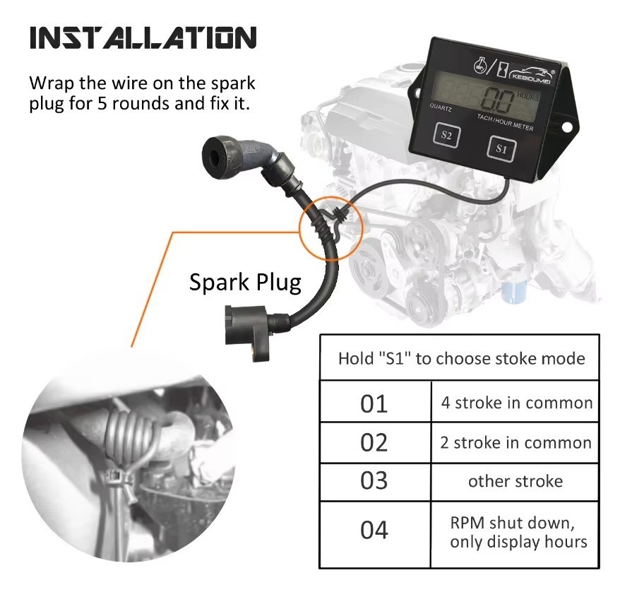 LCD Digital Engine Tach Hour Meter Tachometer Inductive Gauge