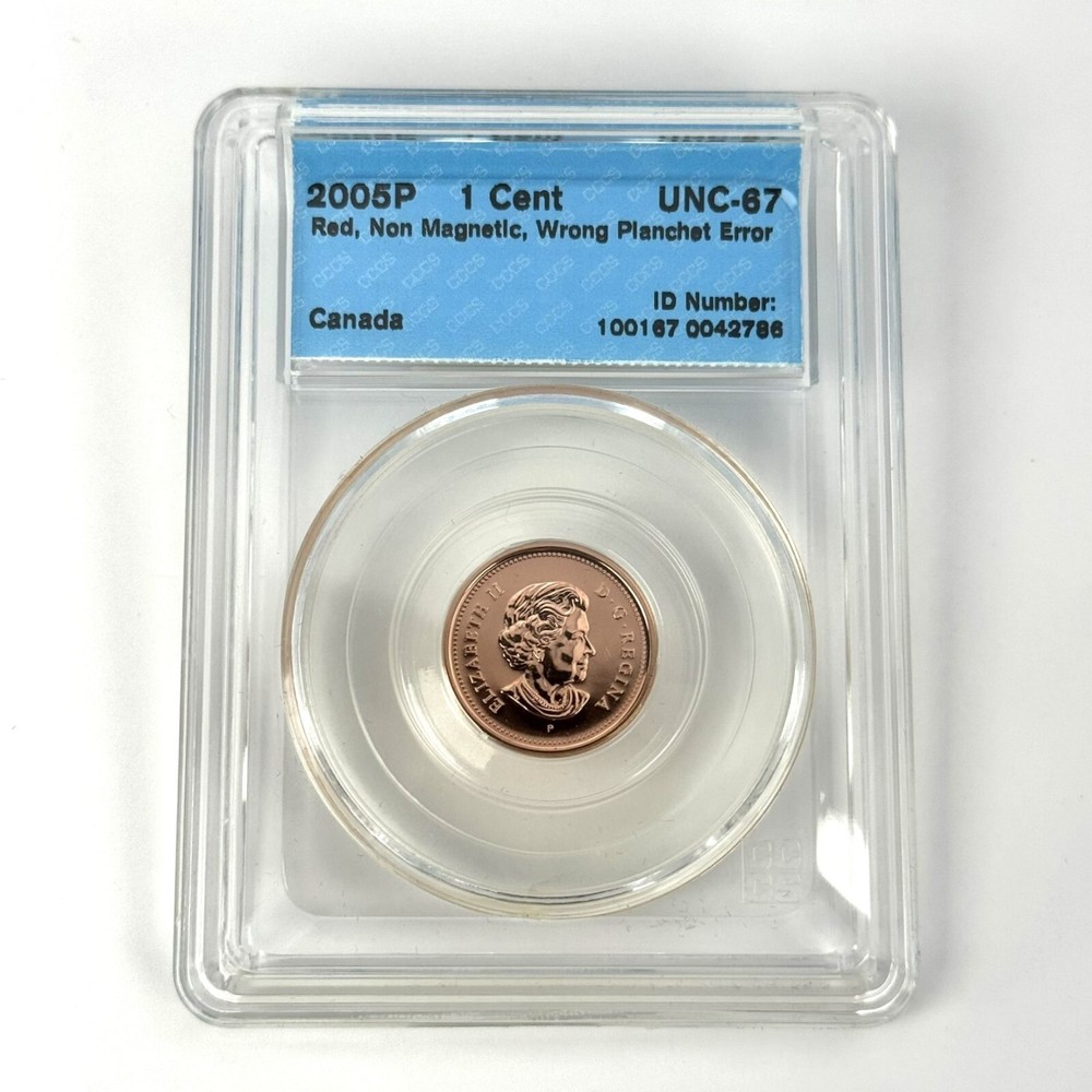 2005P Canada 1 Cent MINT ERROR, Wrong Planchet, Non Magnetic - CCCS GEM UNC67
