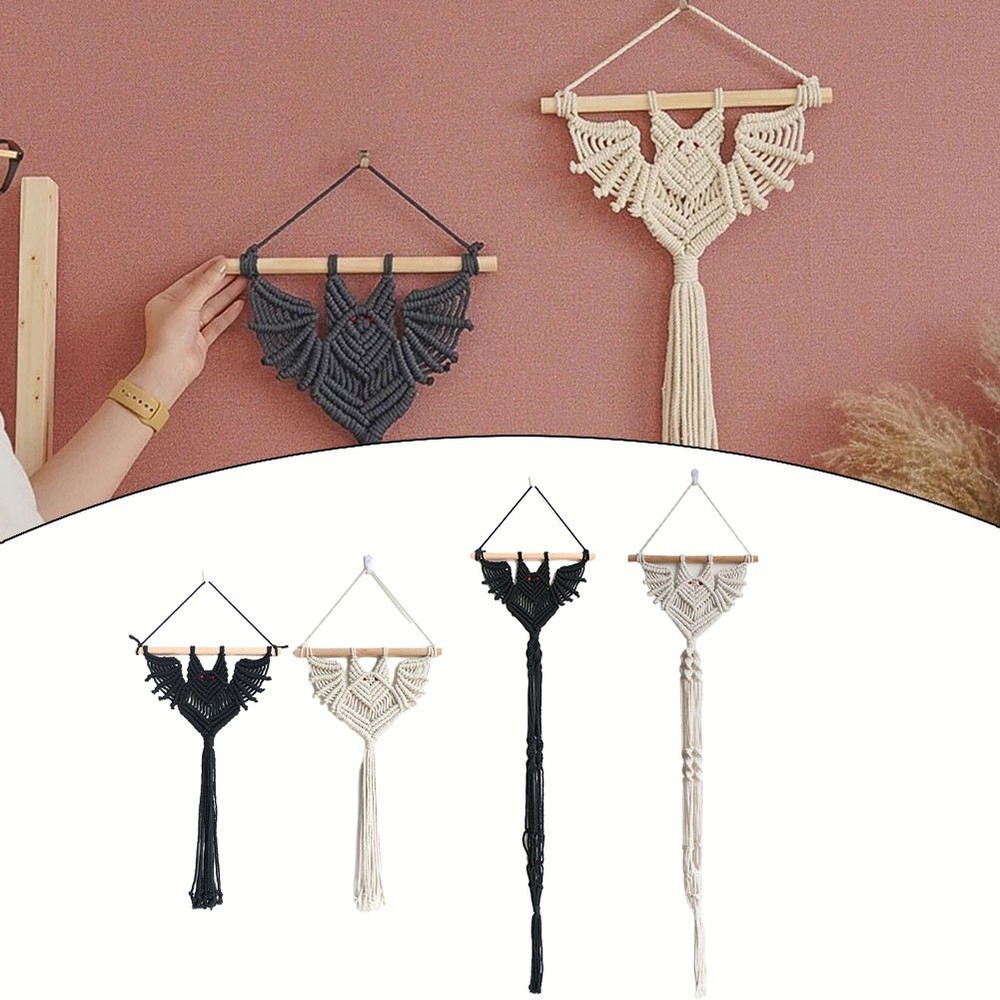 Exquisite Hand Woven Bat Pattern Macrame Wall Hanging for Halloween Decor