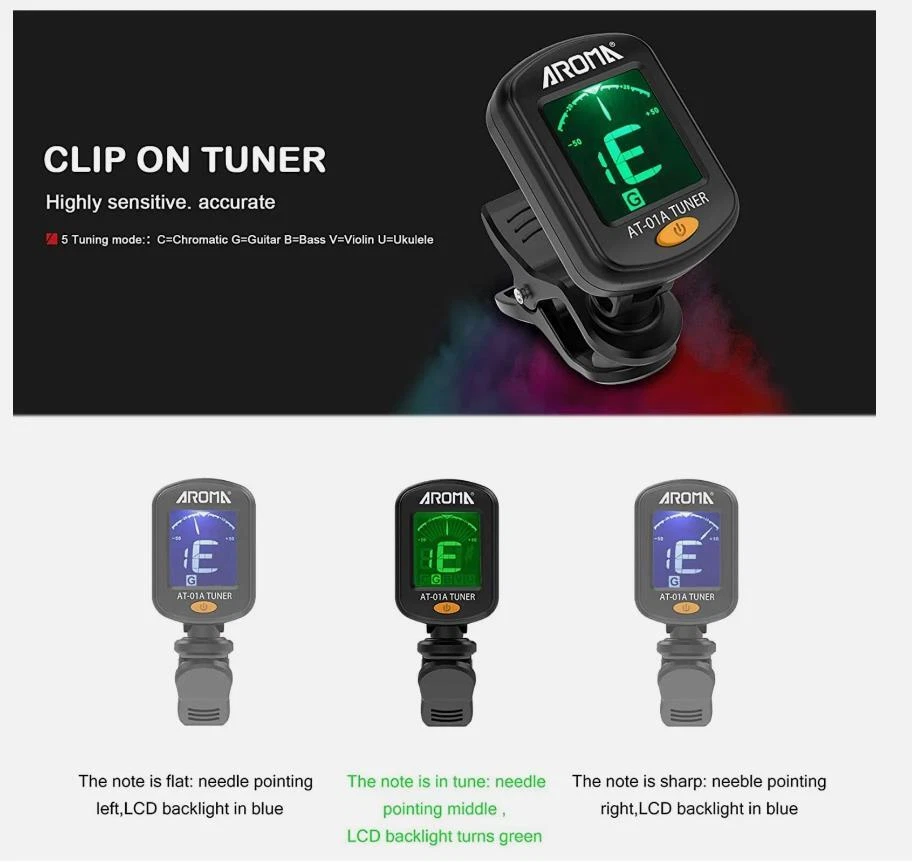 Clip-On LCD Digital Tuner for Guitar Bass Violin Ukulele Chromatic AT-01A