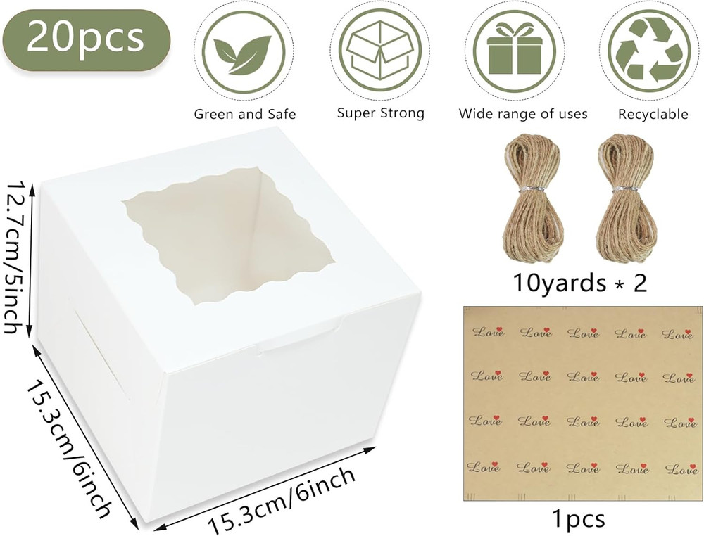20 Pcs Cake Boxes 6X6X5Inch Bakery Boxes with Window White Cupcake Boxes