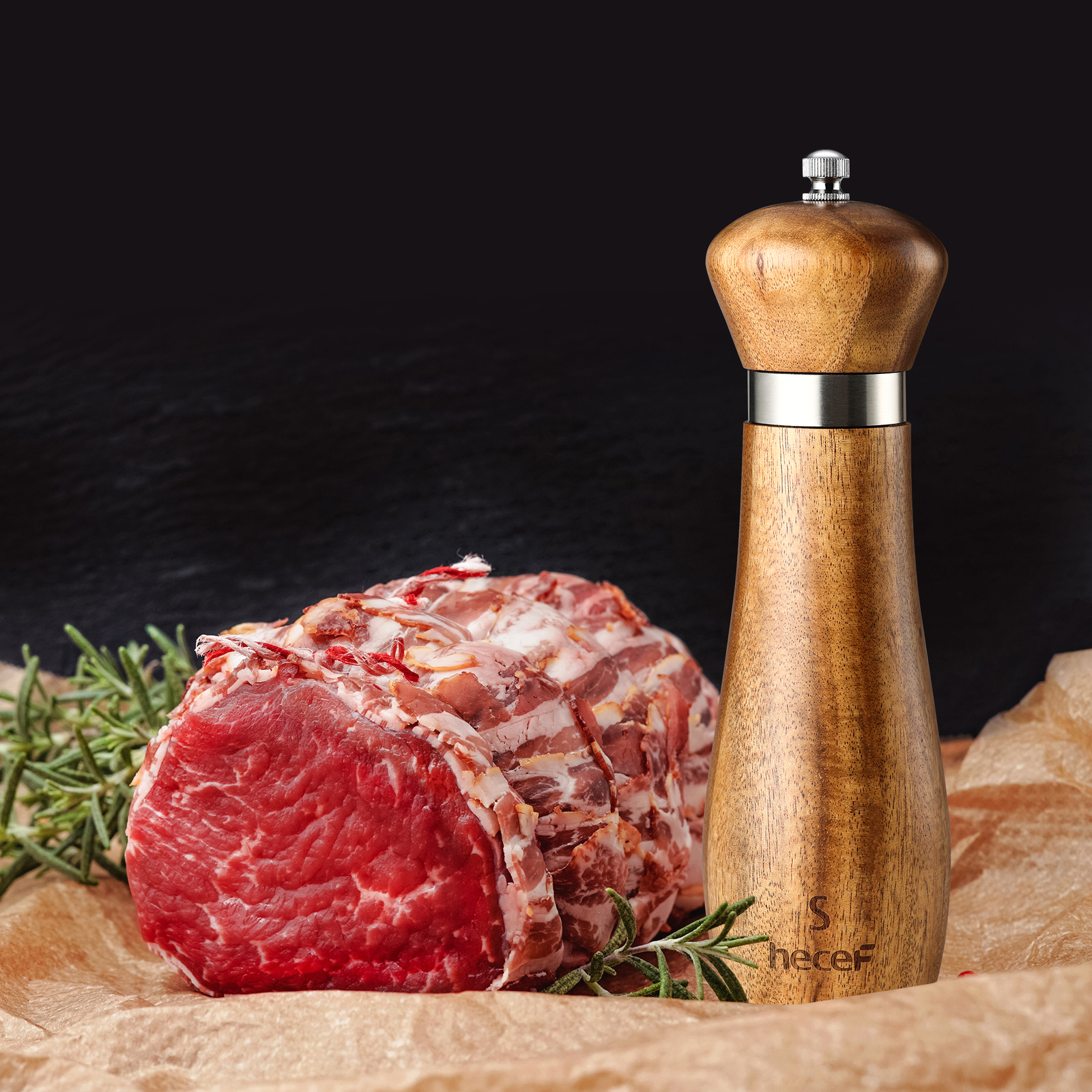 2Pcs Salt and Pepper Grinder Set Acacia Wood 21cm Adjustable Ceramic Spice Mill