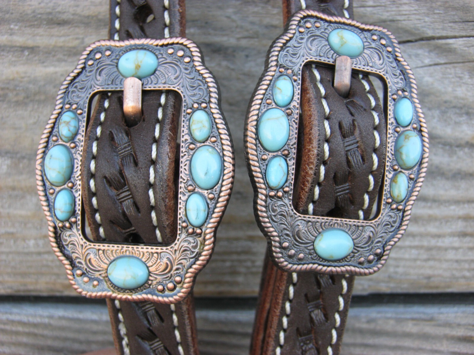 West 74 Dark Brown Leather 5/8" One Ear Copper Turquoise Cart Buckles Headstall
