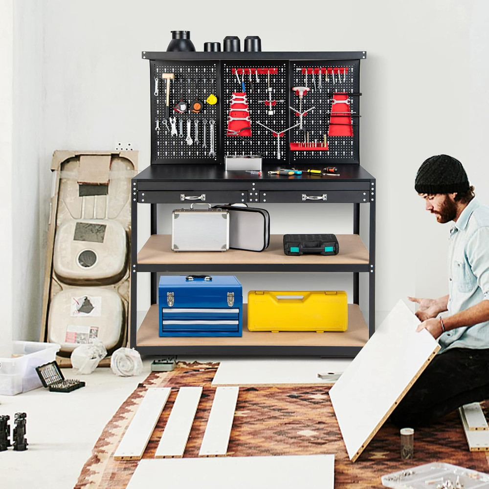 Work Bench with Storage, 48" X 24" Work Table with Pegboard, 2 Drawers, Hanging