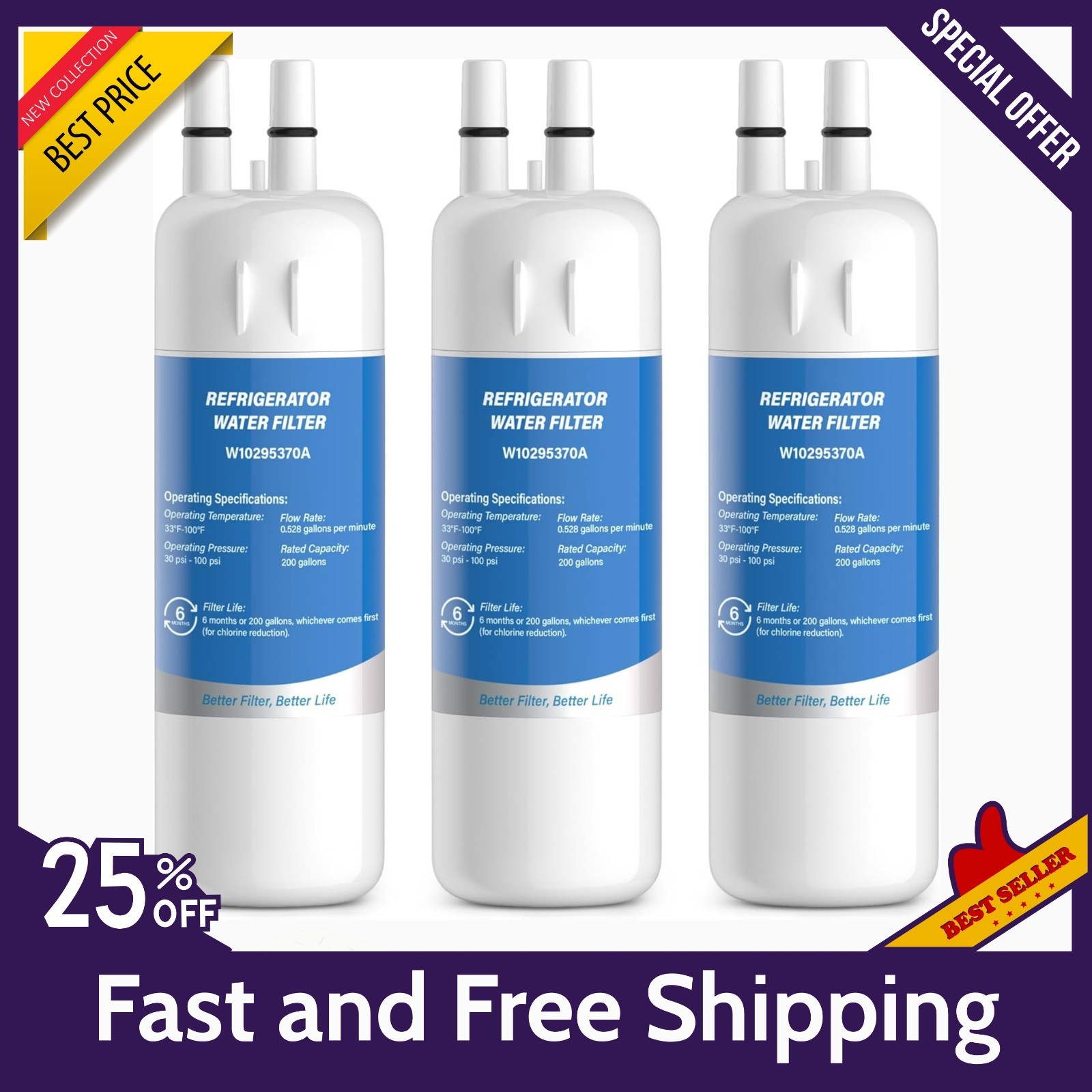 Whirlpool EDR1RXD1 Refrigerator Water Filter 1 | OEM Certified | 3- Pack Genuine
