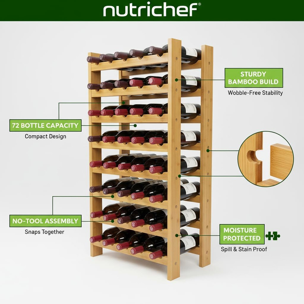 72 Bottle Wine Rack Stackable Bamboo Freestanding, 8-Tier Modular Shelf, Sturdy