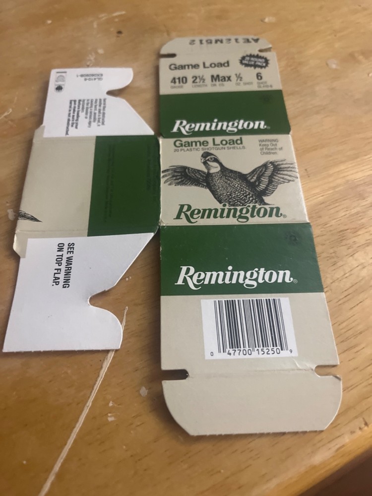 Remington 410 game load shot shells empty box
