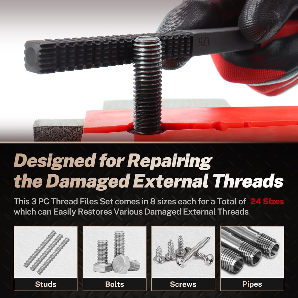 3Pc Thread File Set for SAE & Metric Restoration, External Thread Repair Tool