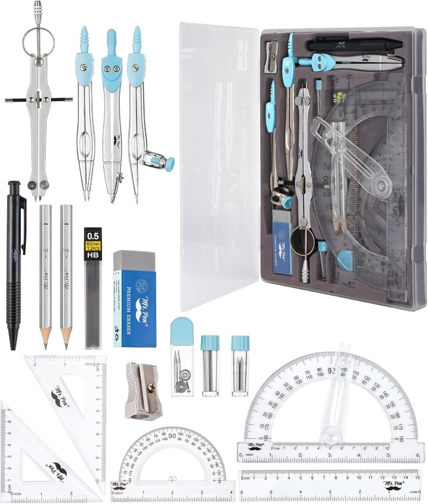 Light Blue 15-Piece Geometry Tools Set with Storage Case for Easy Organization