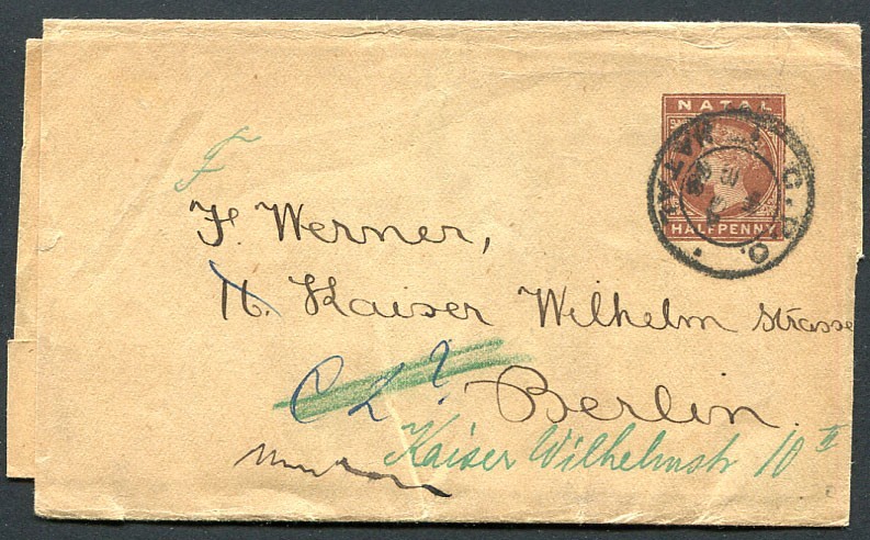 NATAL (26657): QV G.P.O. postmark/wrapper to Germany