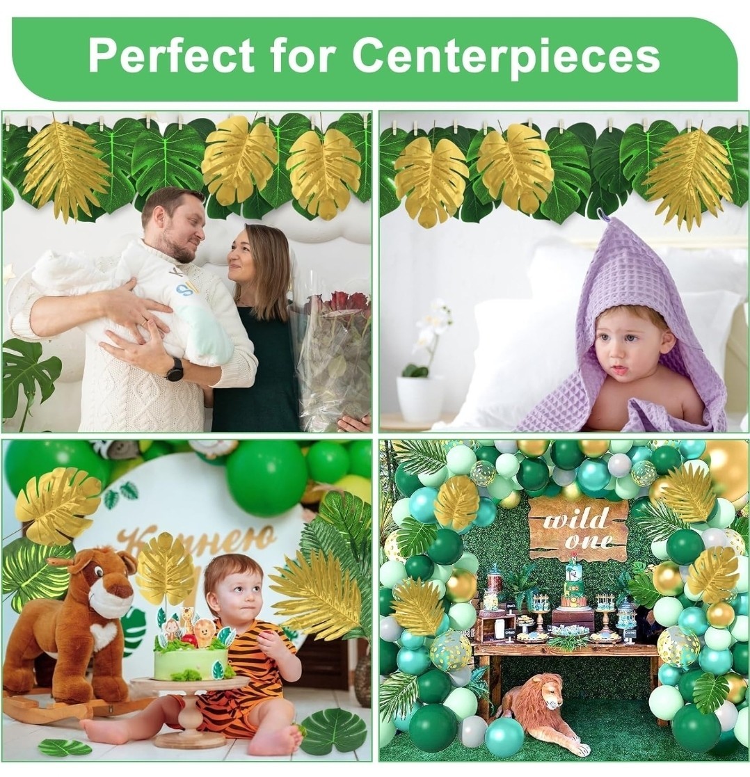 112 Pieces 10 Kinds Artificial Palm Leaves Golden Tropical Leaves with Stems Jun