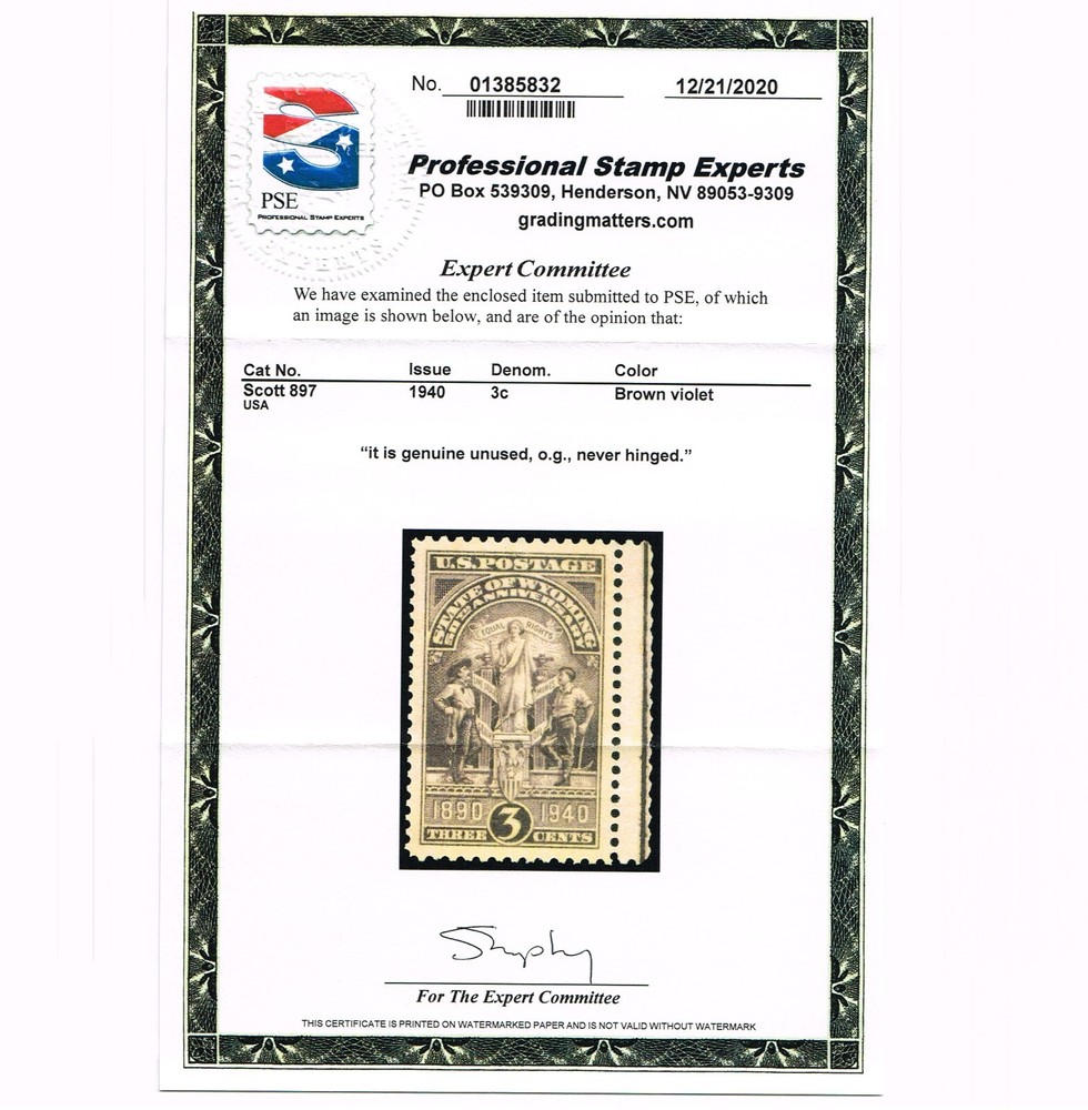 EXCEPTIONAL GENUINE SCOTT #897 MINT PRISTINE OG NH PSE CERT - WYOMING #20813
