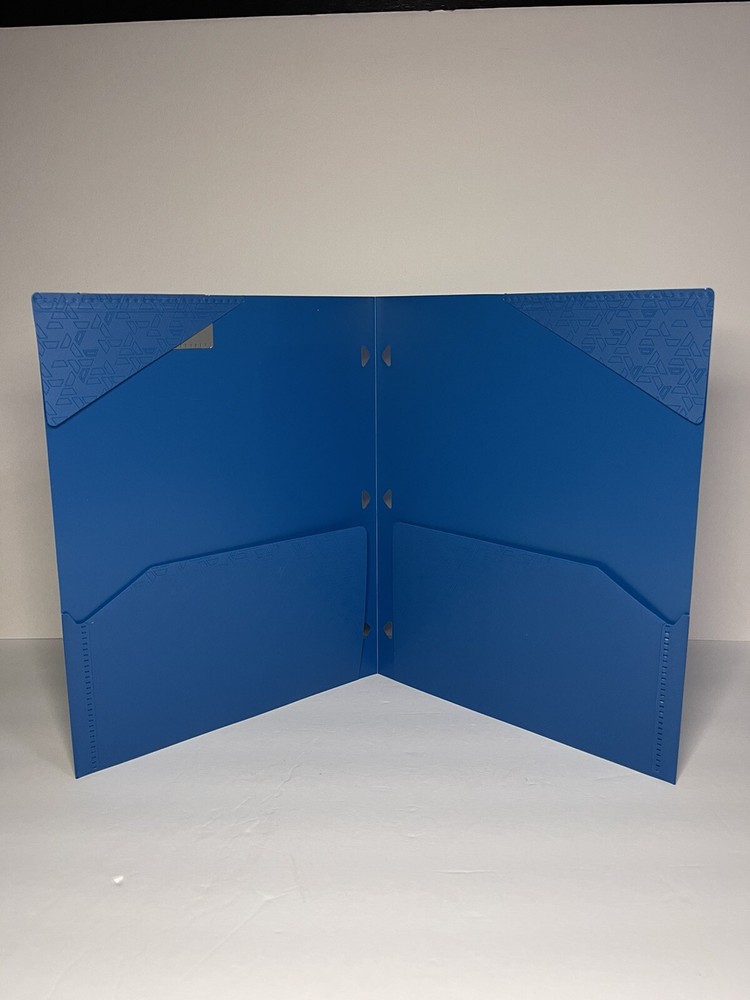 New Five Star Mead Blue Plastic 2 Pocket Folder Label Area Triangle Holes Plain
