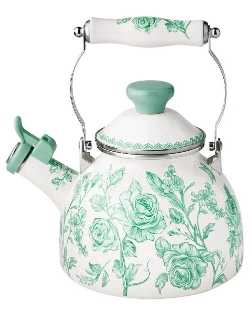 Pioneer Woman ~ AGATHA ~ 2 Quart Tea Kettle ~ Enamel on Steel ~ Floral ~ GREEN