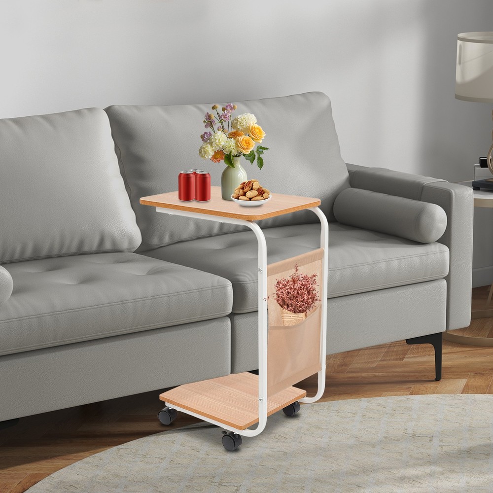 C-Shaped Side Table Sofa Bed Side Table With 4 Wheels Coffee Table Laptop Stand