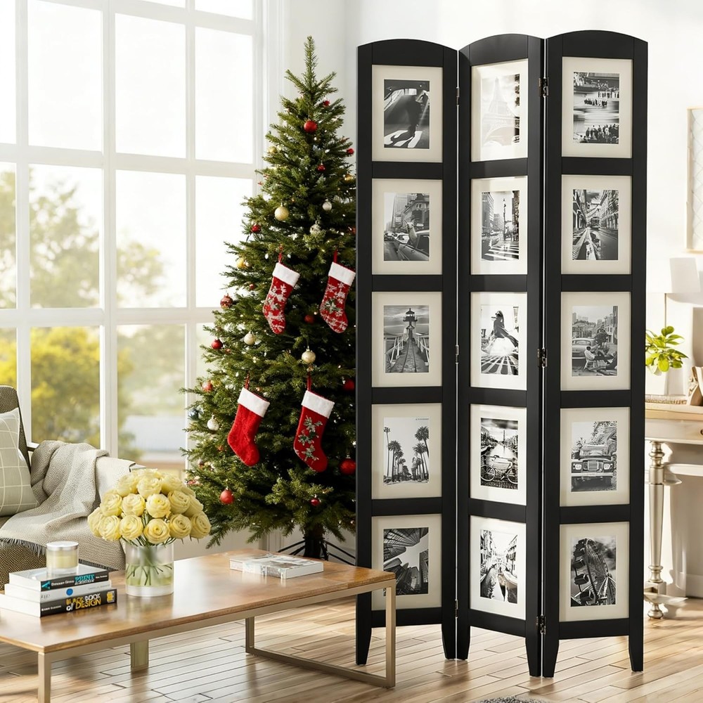 Three-panel photo screen, solid wood partition, black.