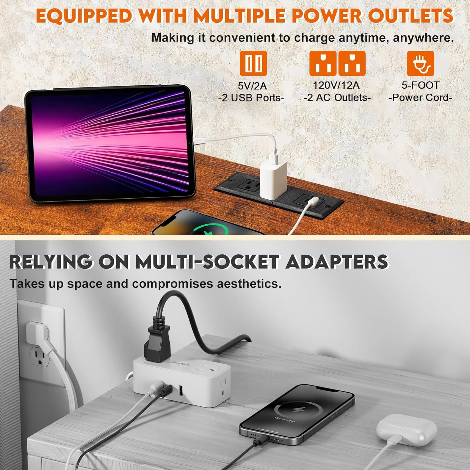 Console Table with Socket 63 Inch Entryway Table Three-Shelf Cabinet Sofa Table