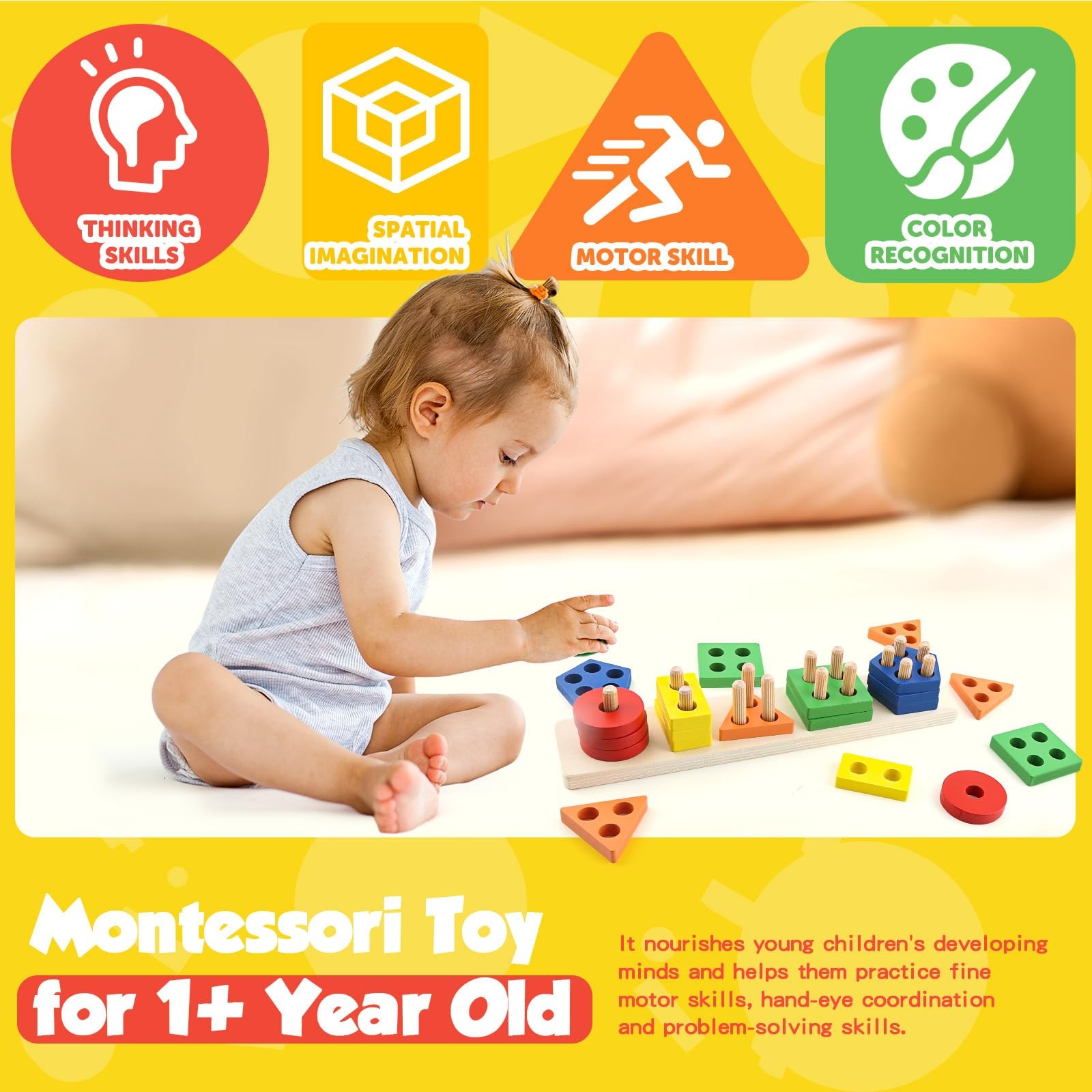 Montessori Toys for 1 2 3 Year Old Girls Boys, Wooden Sensory Toys for 1-3 Ye...
