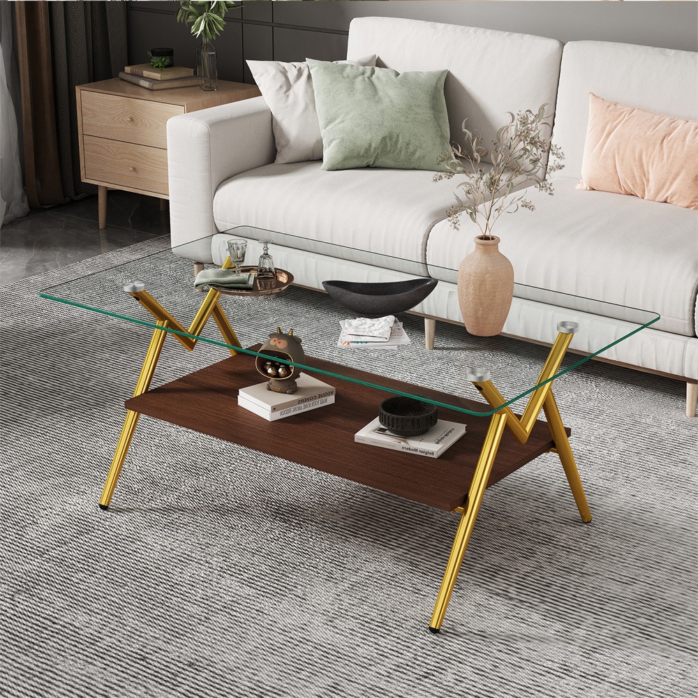 Flat glass Home Deco Coffee Table with Storage Shelf Rectangular Teapoy