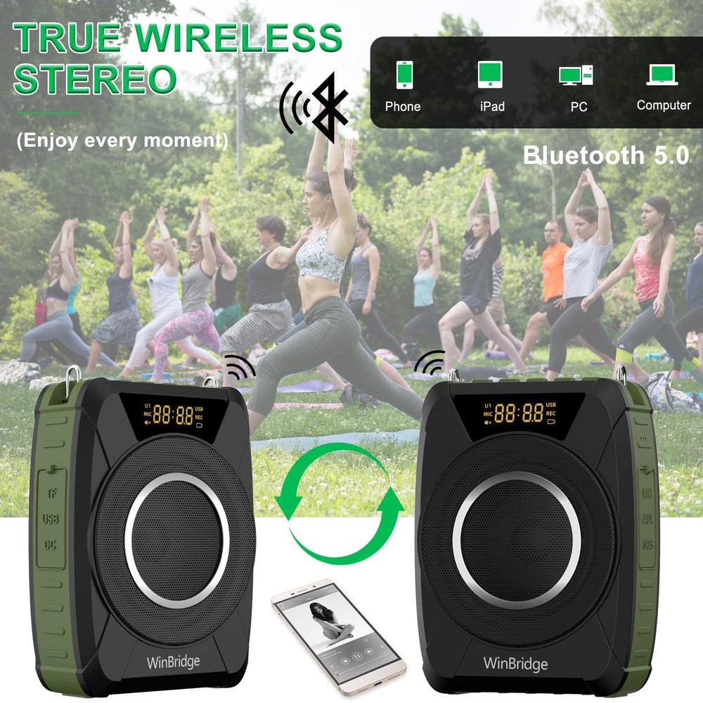 Bluetooth 5.0 Voice Amplifier with Wireless Mic Headset Waterproof Personal