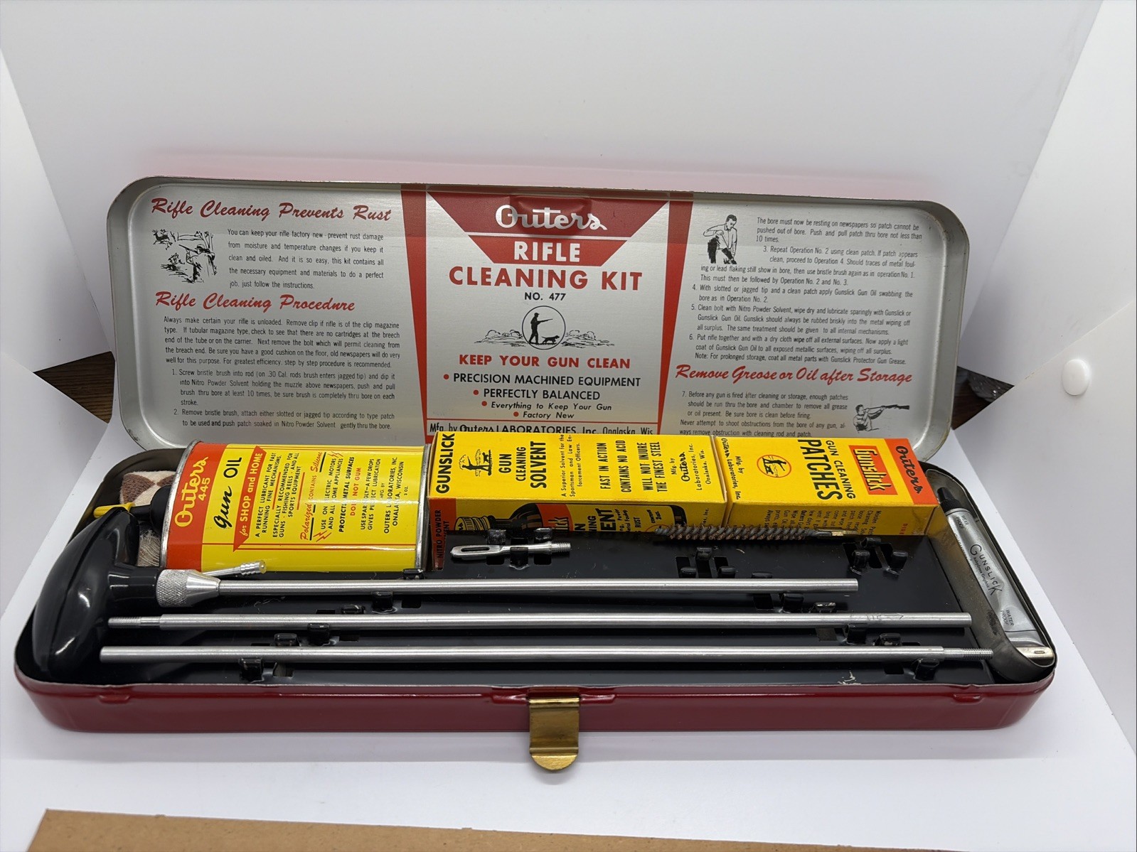 VTG Outers Gunslick No. 477 Rifle Cleaning Kit 22 In Original Box Red Tin (13)