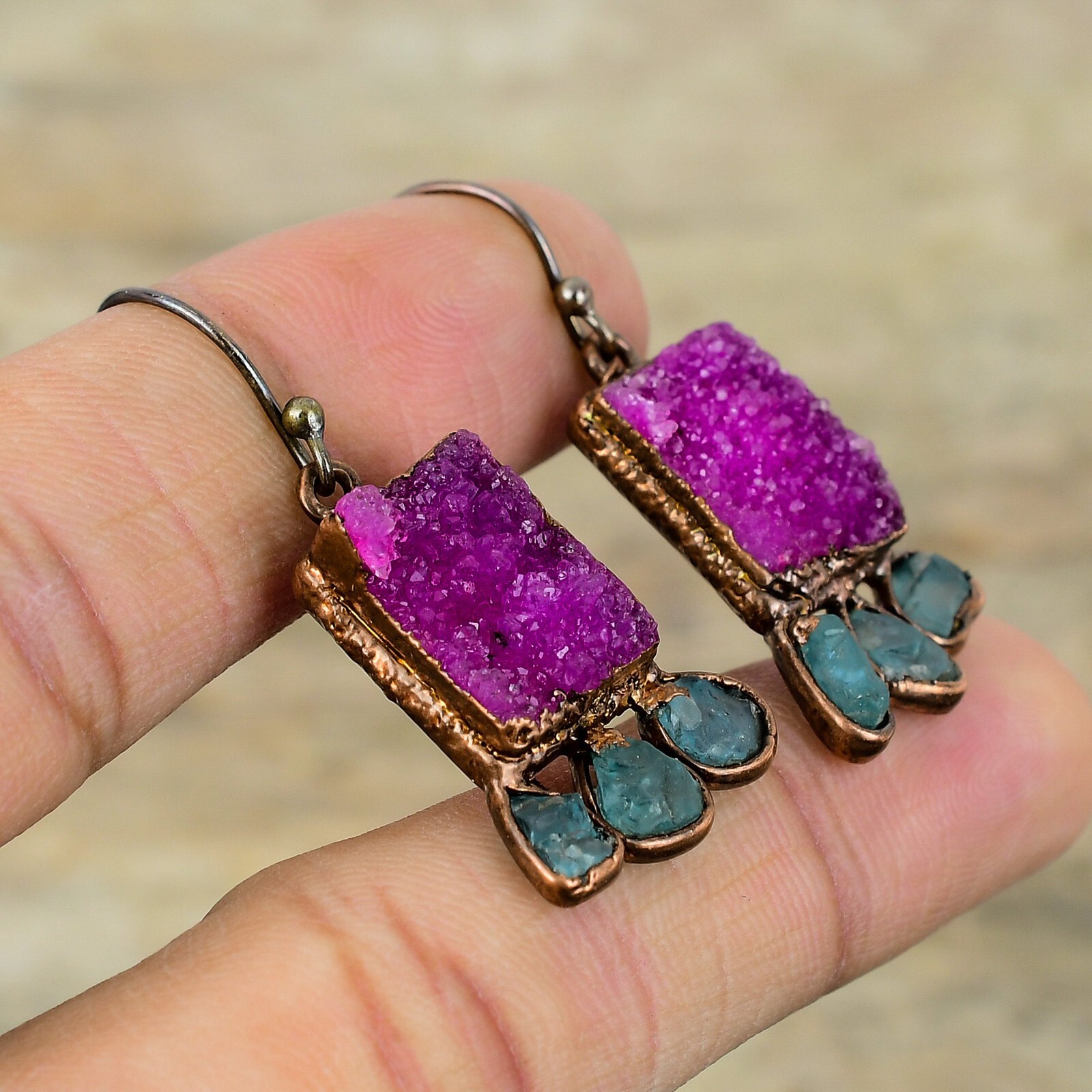 Pink Druzy Jewelry Copper Mom Gift Electroformed Drop/Dangle Earrings 1.77"