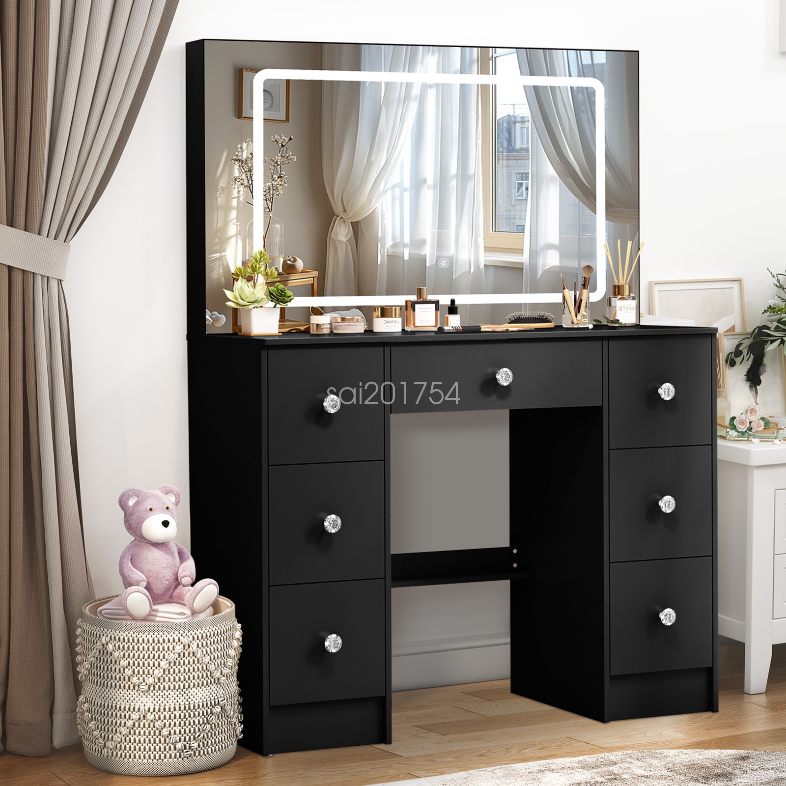 Black Vanity Makeup Desk with LED Lighted Mirror and 7 Drawers Dressing Table