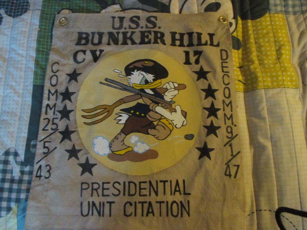 WWII US NAVY USS BUNKER HILL DONALD DUCK  AIRCRAFT CARRIER READY ROOM WALL  FLAG