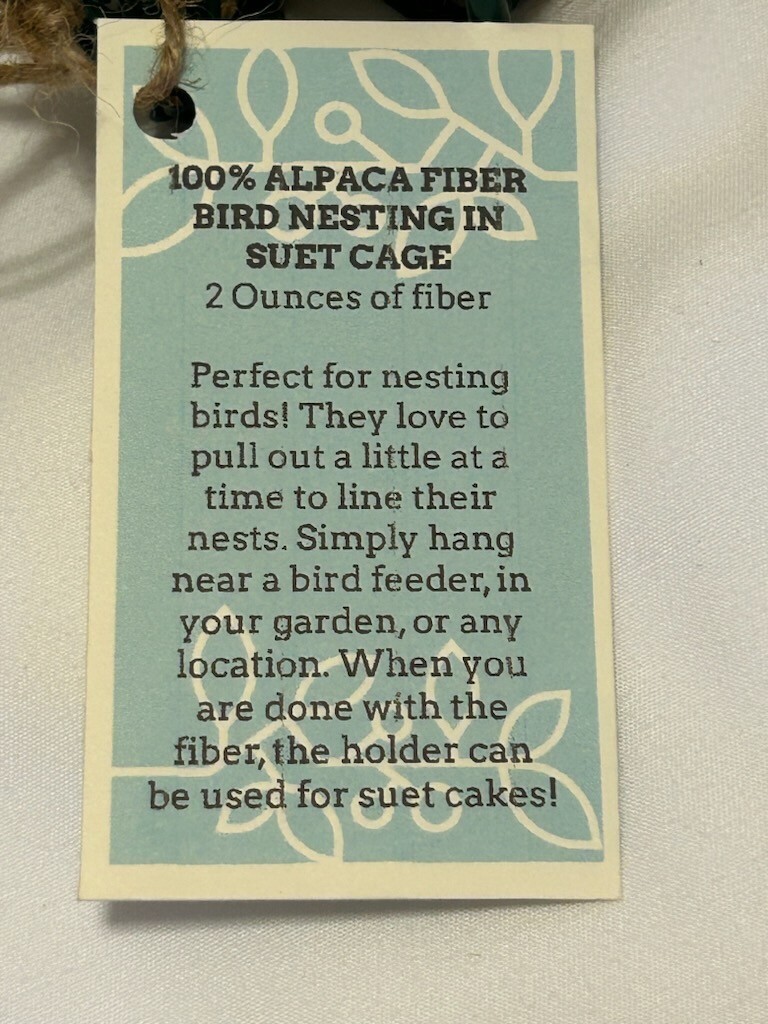 100% Raw Alpaca Fiber Bird Nester ready to hang suet cage nesting material