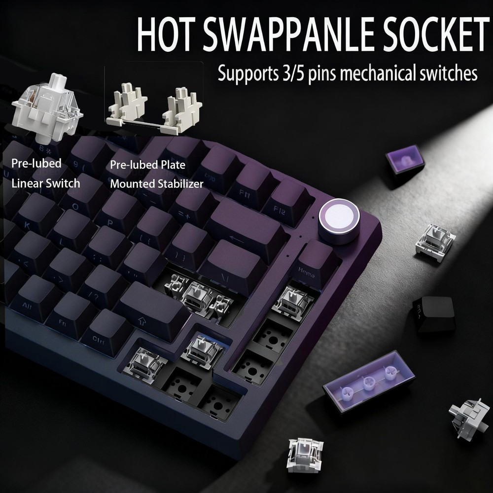 Keymatic Wireless Mechanical Keyboard,75% Hot Swappable Custom Keyboard with ...