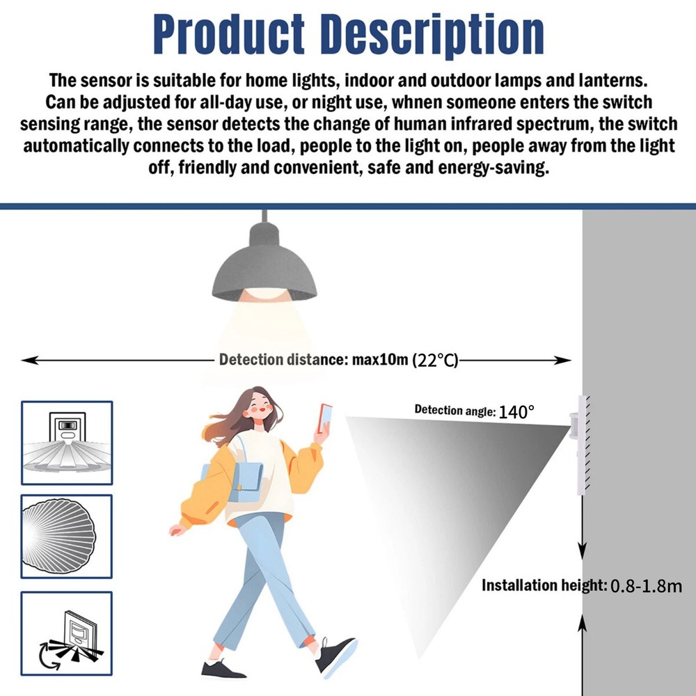 White PIR Motion Sensor Wall Switch AC100-240V for Downlights & Ceiling Lights