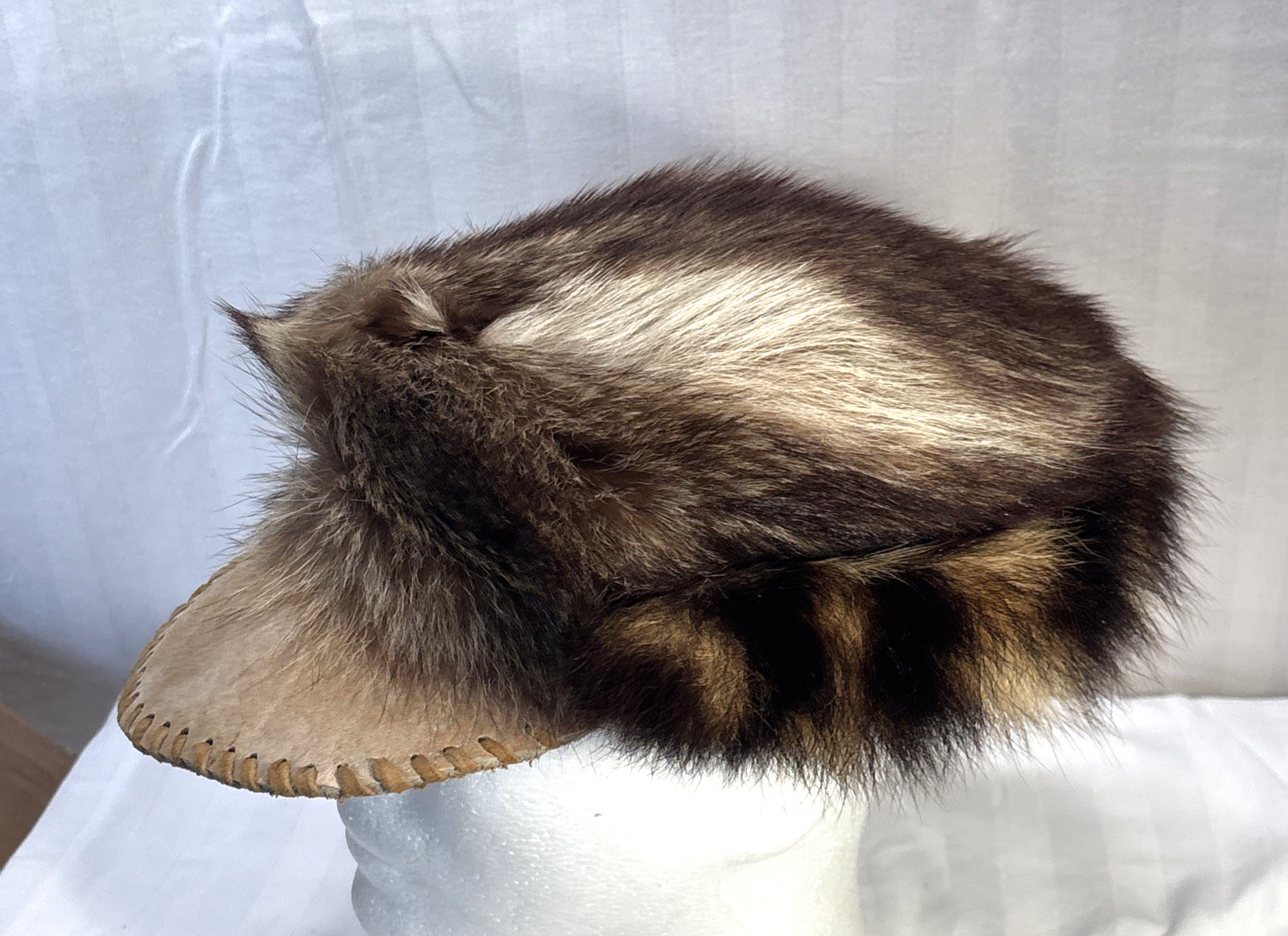 Custom Native American Racoon fur hat with Leather Brim + Beaded Accents Size M