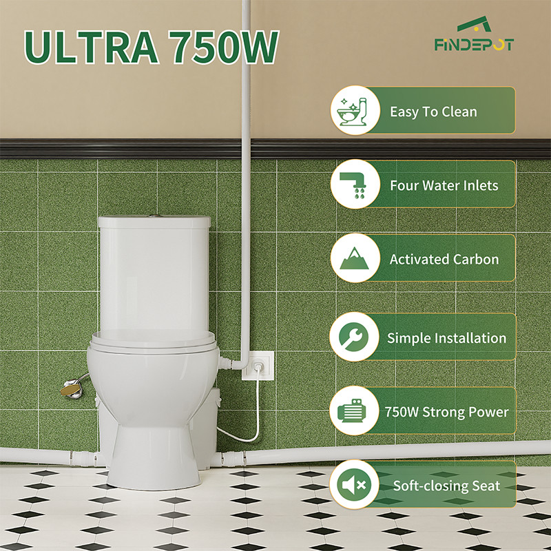 750W Upflush Macerating Toilet System Dual Flush for Basement with 4 Water Inlet
