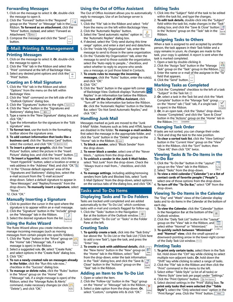 Outlook 2016 Training Guide Quick Reference Card 4 Page Cheat Sheet Instructions