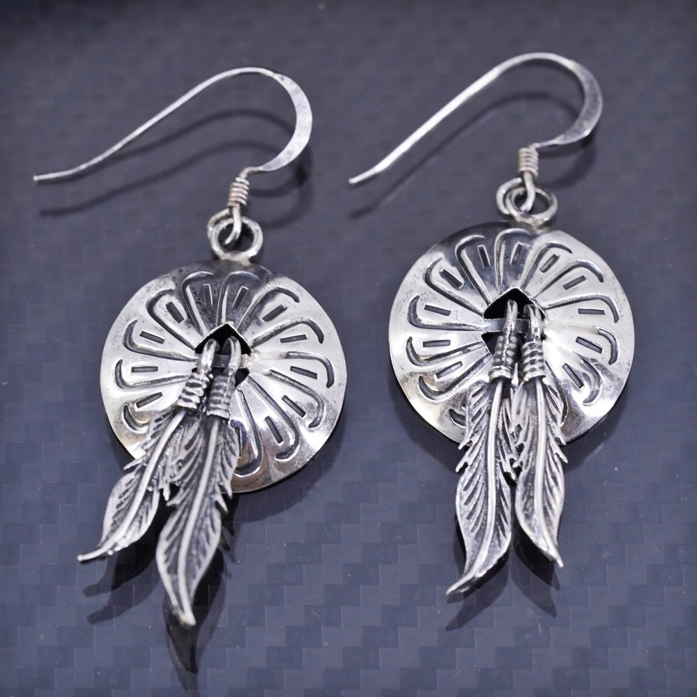Southwestern Sterling silver 925 earrings, Native American feathers dangles