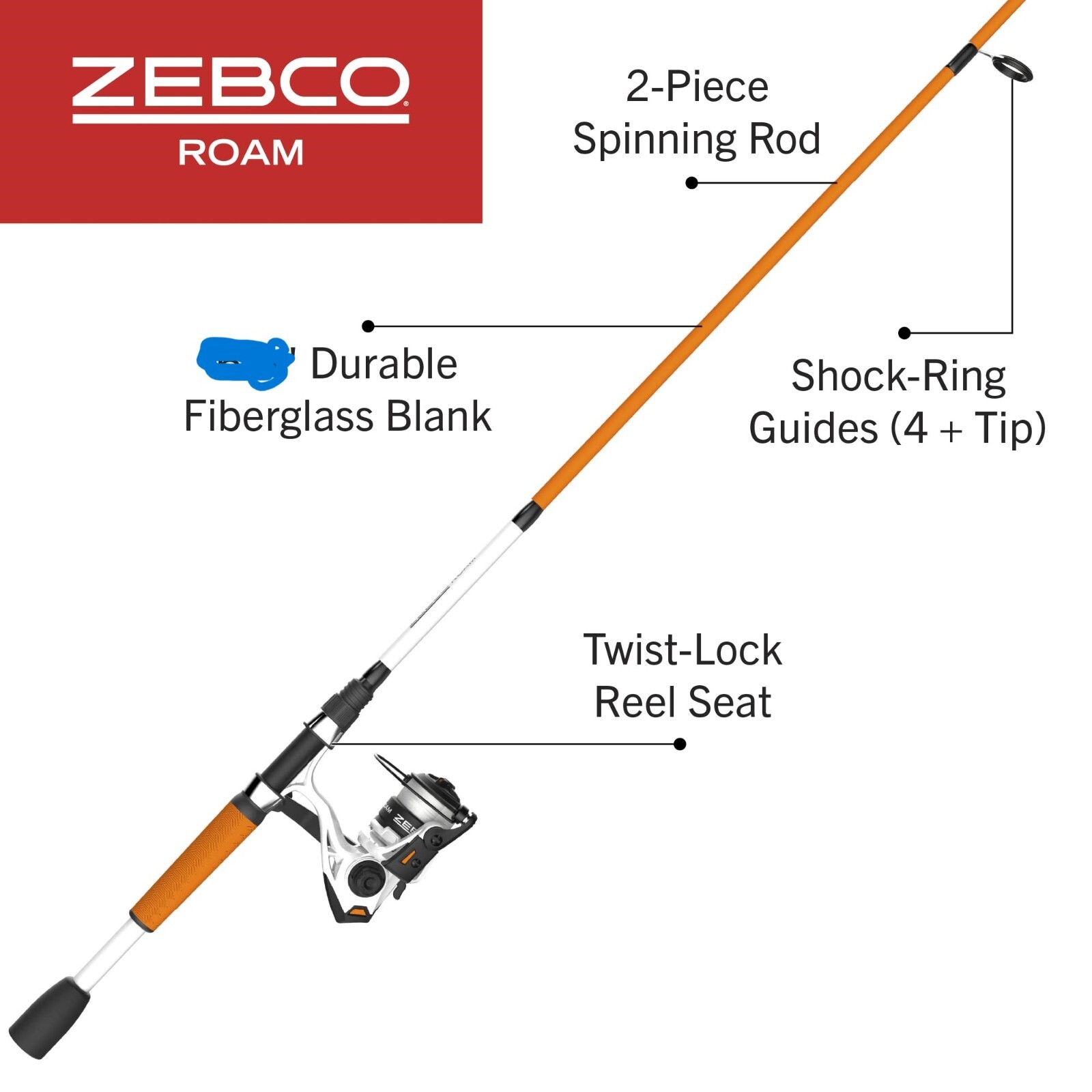 lot of 3 new Zebco Roam Spinning combo 3000 Reel w/ 6'6" Rod orange/white 5:2:1